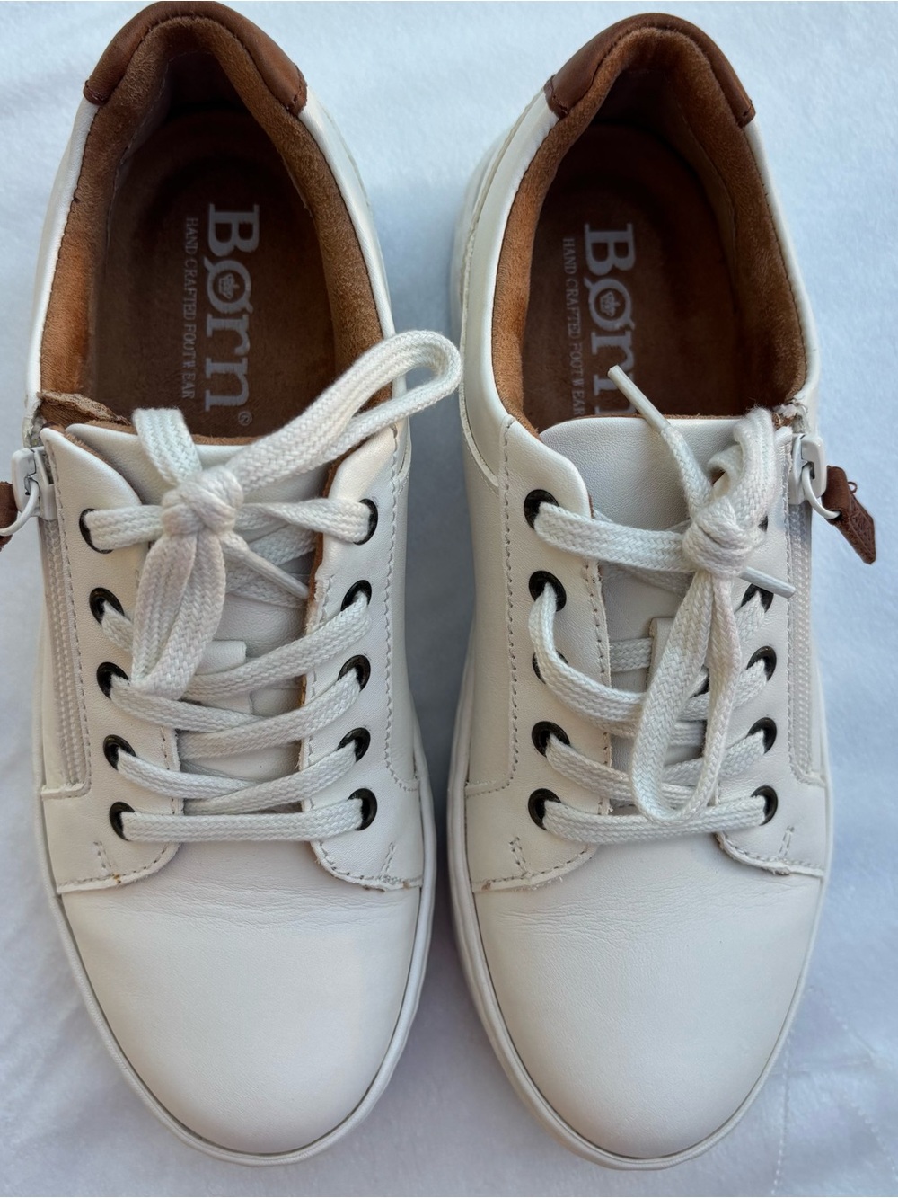 Born ‘Moxie’ White Leather Women's Lace-Up Sneakers with Brown Interior Trim